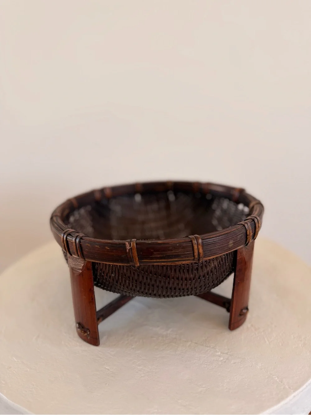 VINTAGE RATTAN WOVEN SEWING BASKET WITH WODD FOOTED LEGS JAPANDI WABI SABI ASIAN
